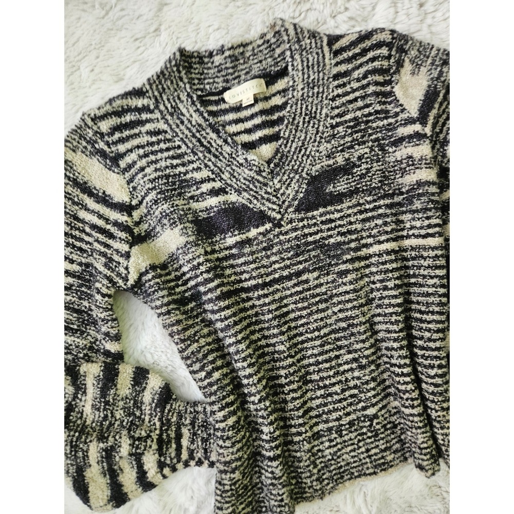 Lovestitch Sweater Women M Black Cream Striped V-Neck Wool Blend Knit